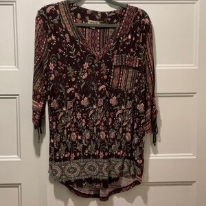 ONE WORLD Floral Patterned Top - Burgundy and Pink